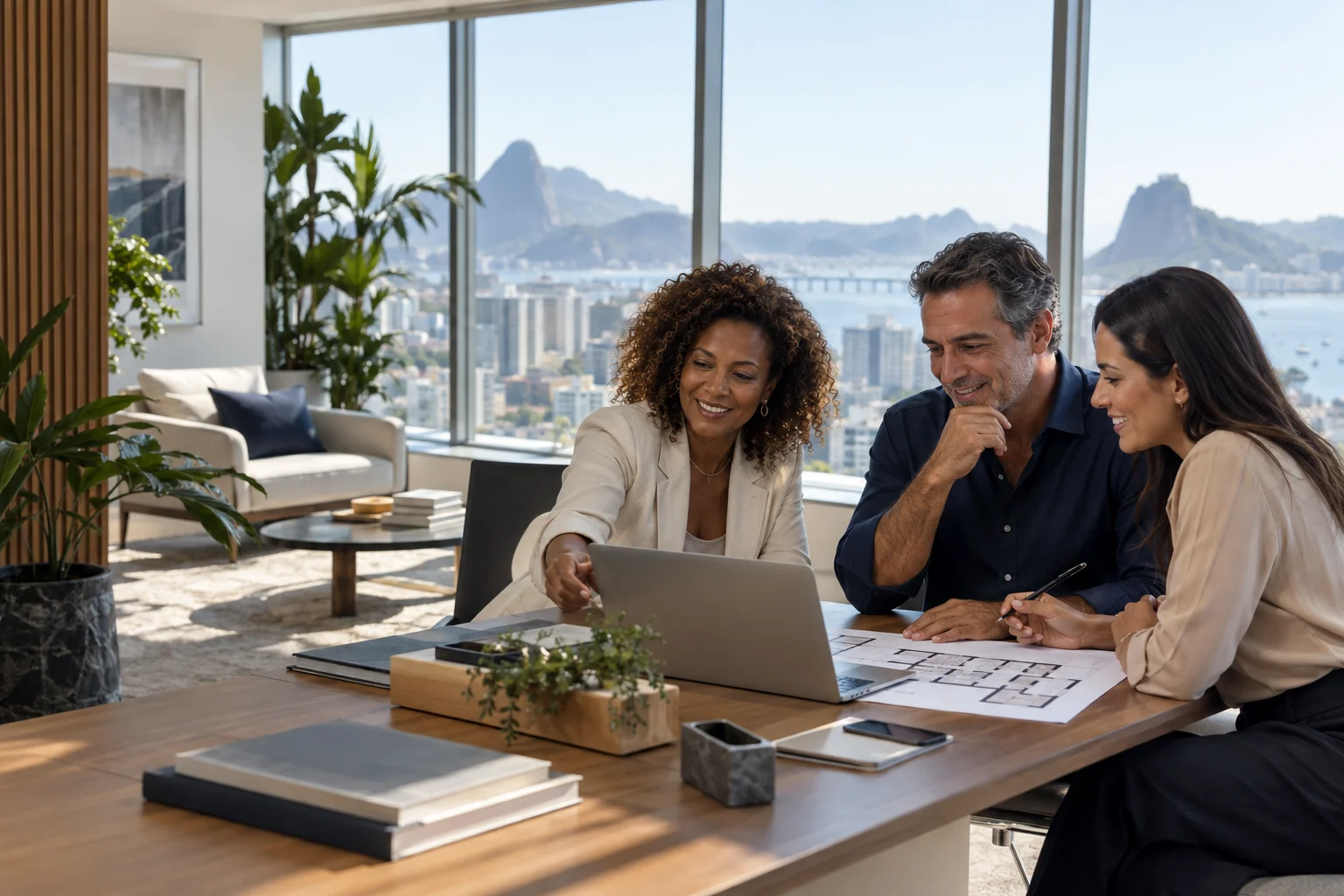 Profissionais do mercado imobiliário colaborando ao redor de uma mesa