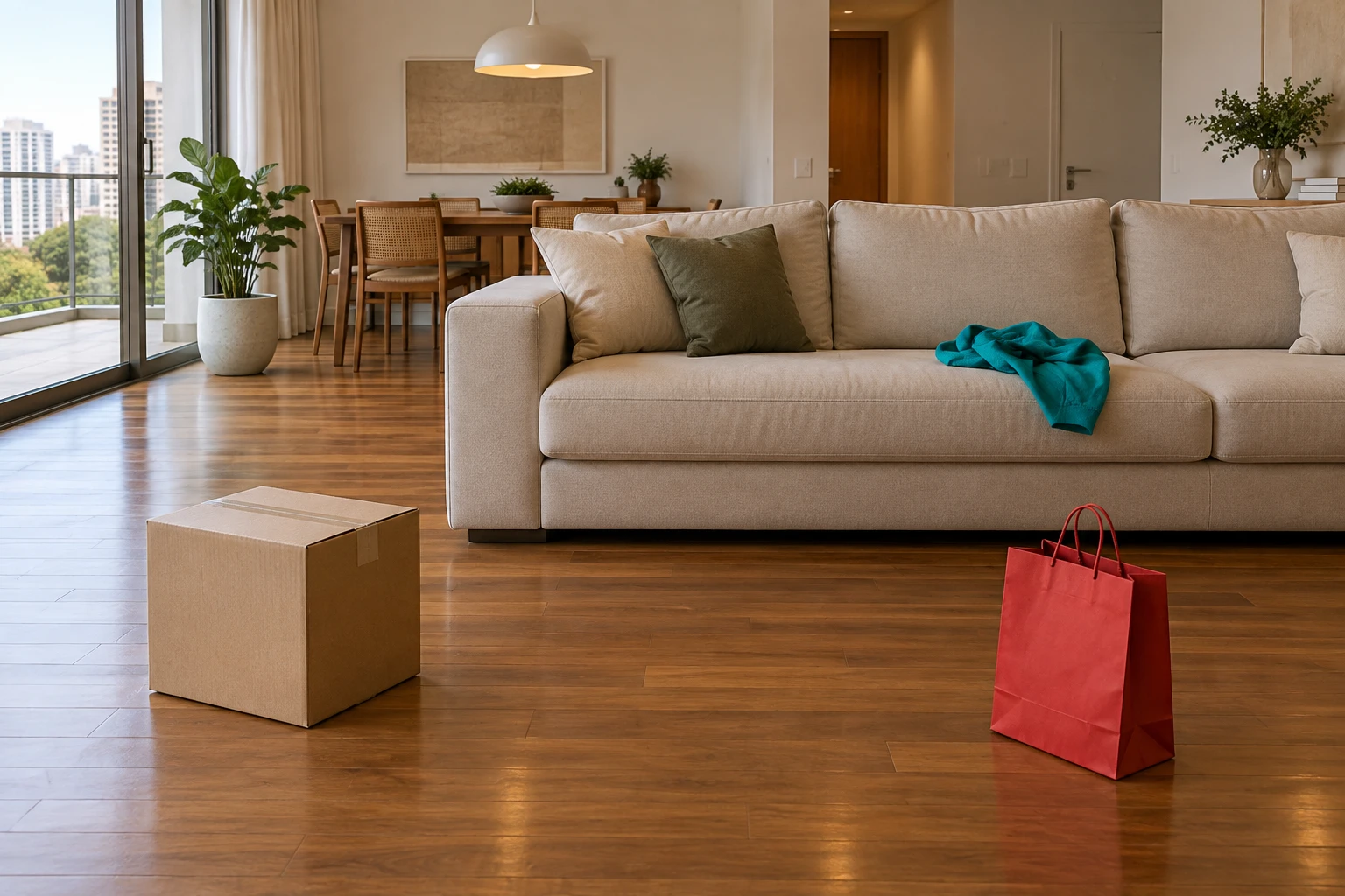 Sala com uma caixa, uma roupa e uma sacola que podem ser removidas na demonstração